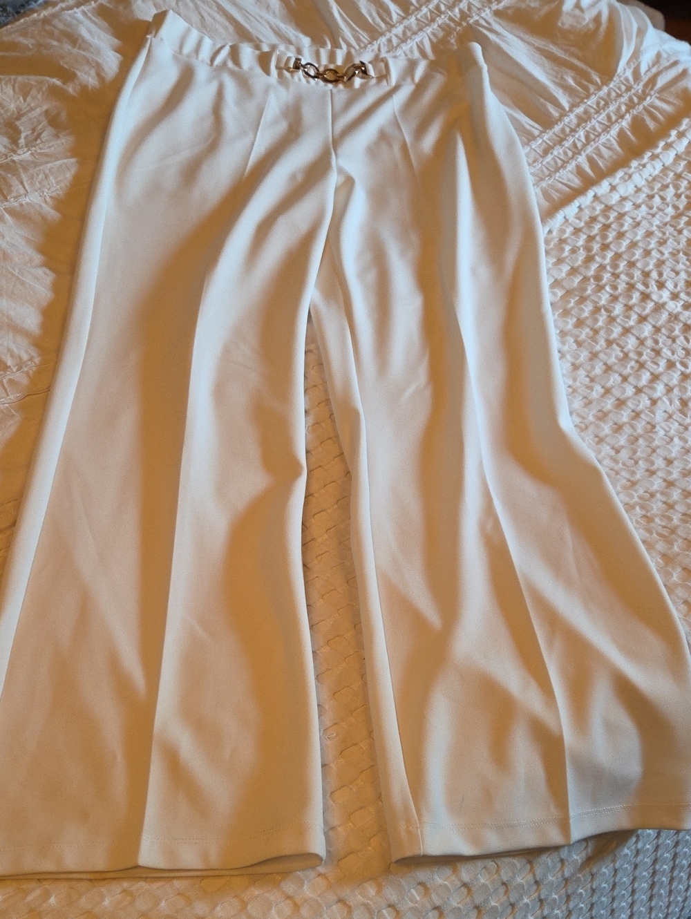 Wide-Leg Cream Trousers with Gold Chain Detail